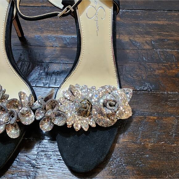 Jessica‎ Simpson silver ankle strap rosettes floral heels sandals size 9.5 - Picture 5 of 9